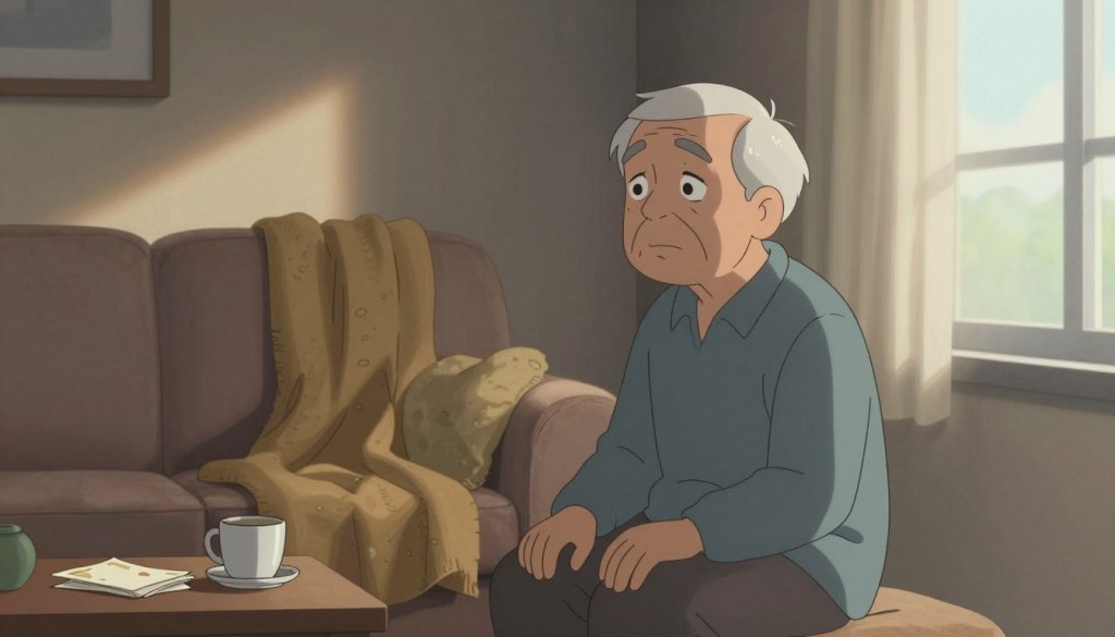 A serene but thought-provoking indoor scene depicting a senior individual sitting in a cozy living room, surrounded by subtle elements that represent risk factors for depression. The foreground features the elderly person, dressed in modest, casual clothing, with a contemplative expression as they gaze out the window, revealing a hint of sadness. In the middle ground, a soft sofa with a warm throw blanket and a side table adorned with an empty coffee cup and a stack of unopened mail symbolizes isolation and inactivity. The background shows dim lighting, with shadows cast by a gentle afternoon sun filtering through sheer curtains, creating a tranquil yet somber atmosphere. This image captures the essence of both resilience and vulnerability in independent seniors facing mental health challenges.