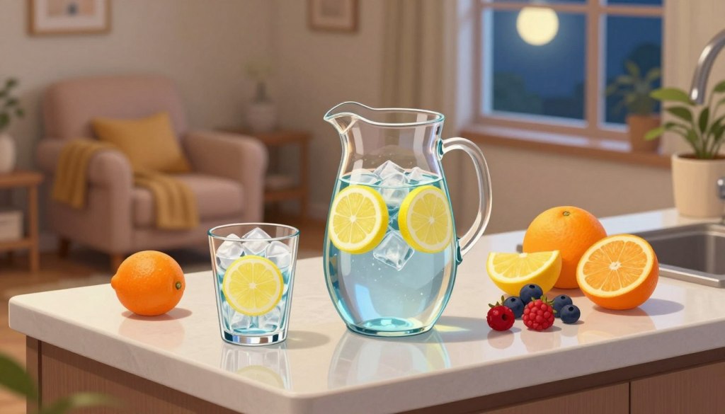 A serene countertop is the focal point of the image, showcasing an elegant hydration plan. In the foreground, a crystal-clear pitcher filled with refreshing water sits beside a decorative glass filled with ice cubes and fresh lemon slices. An assortment of vibrant fruits, including oranges and berries, is artistically arranged around them. The middle ground features a soft, cozy living room setting, with a plush armchair and a warm throw blanket, suggesting a peaceful environment. In the background, a softly lit scene through a window showcases a moonlit night, adding a comforting glow. The overall lighting is warm and inviting, creating a calm atmosphere, ideal for seniors. The angle is slightly overhead, giving depth to the arrangement while emphasizing the hydration plan's accessibility and comfort. The image radiates warmth, safety, and encouragement. A serene countertop is the focal point of the image, showcasing an elegant hydration plan. In the foreground, a crystal-clear pitcher filled with refreshing water sits beside a decorative glass filled with ice cubes and fresh lemon slices. An assortment of vibrant fruits, including oranges and berries, is artistically arranged around them. The middle ground features a soft, cozy living room setting, with a plush armchair and a warm throw blanket, suggesting a peaceful environment. In the background, a softly lit scene through a window showcases a moonlit night, adding a comforting glow. The overall lighting is warm and inviting, creating a calm atmosphere, ideal for seniors. The angle is slightly overhead, giving depth to the arrangement while emphasizing the hydration plan's accessibility and comfort. The image radiates warmth, safety, and encouragement.