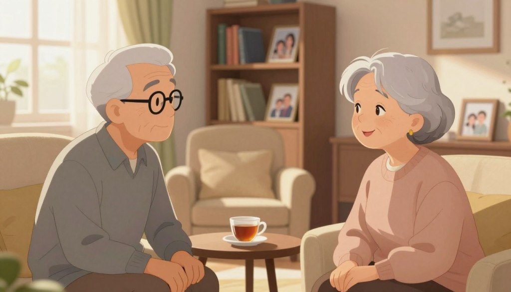 A serene, cozy living room scene featuring two older adults engaged in a deep, respectful conversation. In the foreground, focus on an elderly man and woman, both dressed in modest casual clothing, attentively listening to each other. The man has graying hair and glasses, while the woman has a warm smile, with silver hair organized neatly. In the middle ground, a comfortable armchair and a small table with a cup of tea create an inviting atmosphere. Soft sunlight filters in through sheer curtains, illuminating the scene and casting gentle shadows. In the background, a bookshelf filled with books and family photos adds warmth and familiarity, enhancing the sense of intimacy. The overall mood is calm and supportive, emphasizing patience and connection.