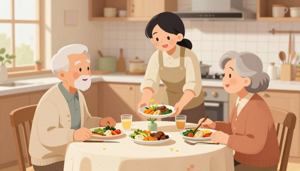 A serene dining scene featuring seniors comfortably enjoying mealtimes. In the foreground, an elderly couple is sitting at a well-set dining table with colorful plates of healthy food, including soft vegetables and mild proteins. The man sports a light cardigan, while the woman wears a cozy sweater. In the middle ground, a friendly caregiver is serving them, ensuring a pleasant experience. The background showcases a warm, inviting kitchen with soft, natural lighting coming from a window, accentuating the peaceful atmosphere. The table is decorated with a simple floral centerpiece, and the overall mood is one of warmth and connection, emphasizing a supportive mealtime routine.
