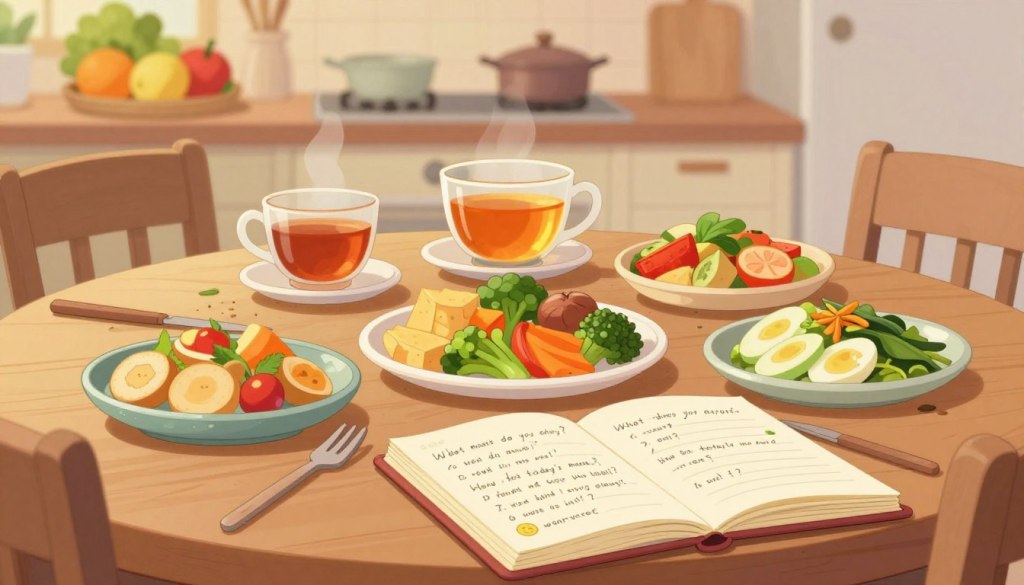 A serene dining table set for a meal, with an array of healthy dishes artfully arranged. In the foreground, a notebook lies open, filled with handwritten questions about caregiving and nutrition, such as “What meals do you enjoy?” and “How did today’s meals make you feel?” The middle ground features a warm cup of herbal tea, creating a cozy atmosphere. In the background, a softly lit kitchen is visible, with fresh fruits and vegetables displayed. The lighting is soft and inviting, creating a peaceful ambiance. The overall mood should feel friendly and supportive, emphasizing open communication and concern for wellbeing, avoiding any sense of control or judgment. A serene dining table set for a meal, with an array of healthy dishes artfully arranged. In the foreground, a notebook lies open, filled with handwritten questions about caregiving and nutrition, such as “What meals do you enjoy?” and “How did today’s meals make you feel?” The middle ground features a warm cup of herbal tea, creating a cozy atmosphere. In the background, a softly lit kitchen is visible, with fresh fruits and vegetables displayed. The lighting is soft and inviting, creating a peaceful ambiance. The overall mood should feel friendly and supportive, emphasizing open communication and concern for wellbeing, avoiding any sense of control or judgment.