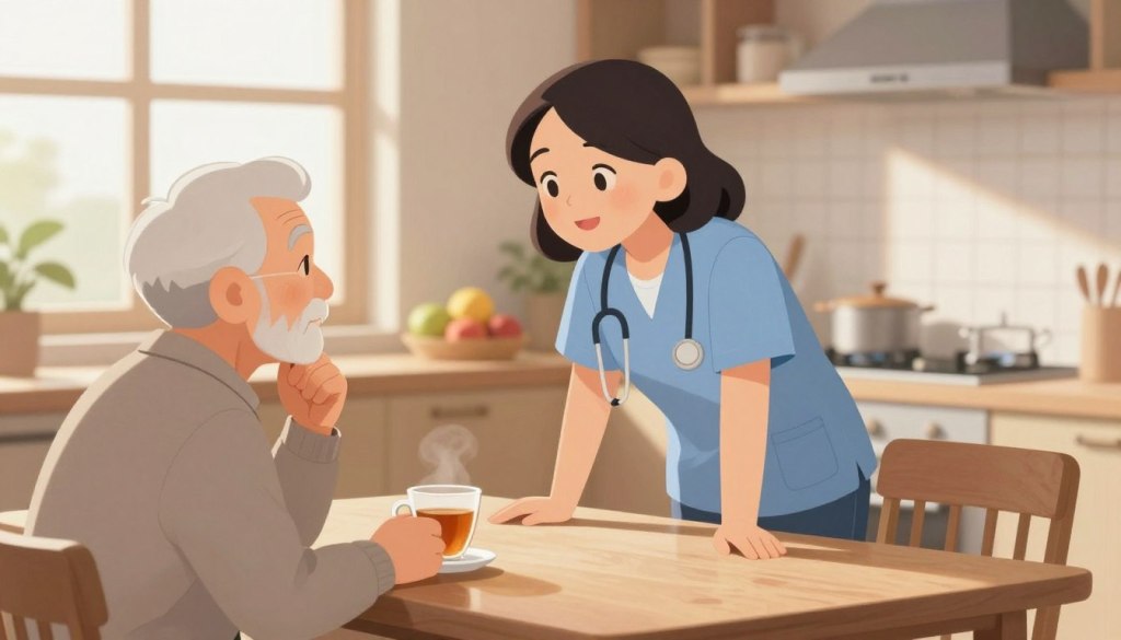 A serene, harmonious scene in a cozy kitchen environment, featuring a caregiver, a middle-aged woman dressed in professional casual attire, attentively engaging with an elderly person at a dining table. The caregiver is gently leaning forward, her expression warm and approachable, as she asks open-ended questions. The elderly person, a gentleman with a thoughtful demeanor, holds a cup of tea, conveying a sense of comfort and confidence in the conversation. Soft, natural light filters through a window, casting gentle shadows and creating an inviting atmosphere. In the background, subtle kitchen details like fresh fruit and a potted plant add to the cozy ambiance. The overall mood is friendly and supportive, illustrating the concept of permission-giving language in caregiver conversations. A serene, harmonious scene in a cozy kitchen environment, featuring a caregiver, a middle-aged woman dressed in professional casual attire, attentively engaging with an elderly person at a dining table. The caregiver is gently leaning forward, her expression warm and approachable, as she asks open-ended questions. The elderly person, a gentleman with a thoughtful demeanor, holds a cup of tea, conveying a sense of comfort and confidence in the conversation. Soft, natural light filters through a window, casting gentle shadows and creating an inviting atmosphere. In the background, subtle kitchen details like fresh fruit and a potted plant add to the cozy ambiance. The overall mood is friendly and supportive, illustrating the concept of permission-giving language in caregiver conversations.