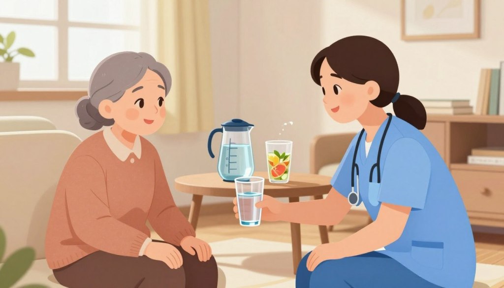 A serene home environment emphasizing caregiver tips for preventing dehydration-related falls. In the foreground, a caring individual in professional attire gently hands a glass of water to an older adult sitting comfortably in a well-lit living room. The older adult appears engaged and attentive, emphasizing the importance of hydration. The middle ground includes a small table with hydration-related items like a water pitcher, measuring cups, and fruit-infused water. In the background, soft natural light pours in through a window adorned with light curtains, creating a warm atmosphere. The scene invokes feelings of trust, care, and safety, making it inviting and supportive for caregivers. A serene home environment emphasizing caregiver tips for preventing dehydration-related falls. In the foreground, a caring individual in professional attire gently hands a glass of water to an older adult sitting comfortably in a well-lit living room. The older adult appears engaged and attentive, emphasizing the importance of hydration. The middle ground includes a small table with hydration-related items like a water pitcher, measuring cups, and fruit-infused water. In the background, soft natural light pours in through a window adorned with light curtains, creating a warm atmosphere. The scene invokes feelings of trust, care, and safety, making it inviting and supportive for caregivers.
