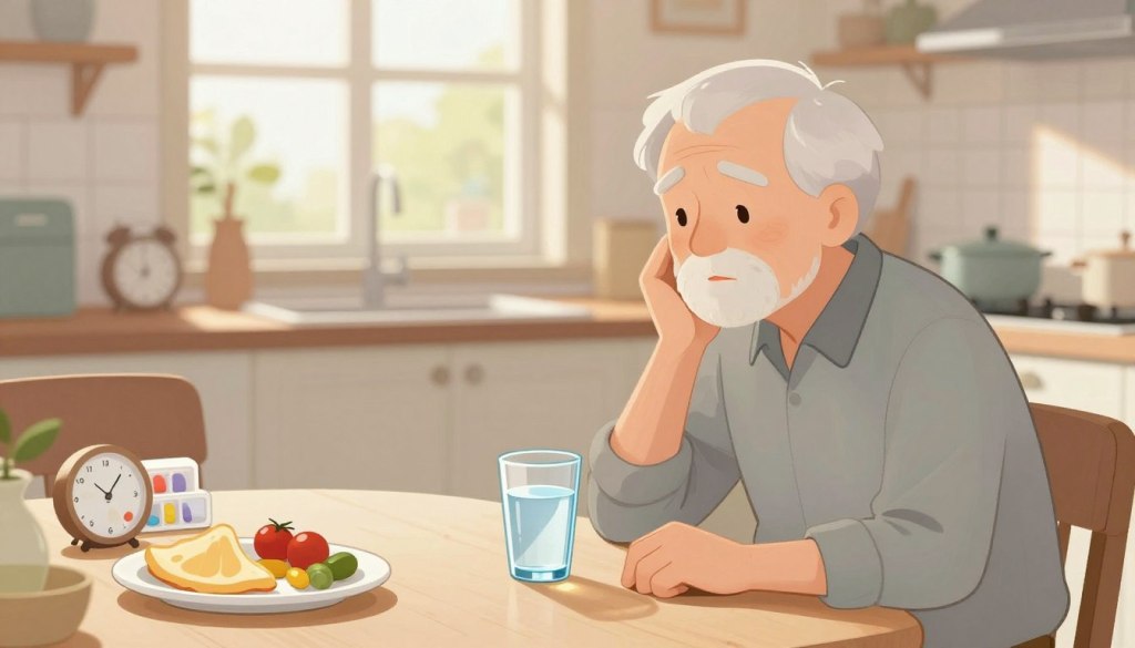 A serene illustration depicting the common causes and risk factors of dehydration in seniors. In the foreground, an elderly man sitting at a dining table, looking thoughtfully at a glass of water. His expression conveys concern. In the middle ground, an assortment of common dehydrating factors is depicted: a half-eaten meal, a pill organizer, and a clock showing late afternoon time. In the background, a bright, airy kitchen with natural light filtering through a window, creating a warm atmosphere. Soft shadows add depth to the scene. The overall mood is reflective and informative, highlighting the importance of hydration in daily life. The composition is captured with a soft focus, evoking a sense of calm and care. A serene illustration depicting the common causes and risk factors of dehydration in seniors. In the foreground, an elderly man sitting at a dining table, looking thoughtfully at a glass of water. His expression conveys concern. In the middle ground, an assortment of common dehydrating factors is depicted: a half-eaten meal, a pill organizer, and a clock showing late afternoon time. In the background, a bright, airy kitchen with natural light filtering through a window, creating a warm atmosphere. Soft shadows add depth to the scene. The overall mood is reflective and informative, highlighting the importance of hydration in daily life. The composition is captured with a soft focus, evoking a sense of calm and care.