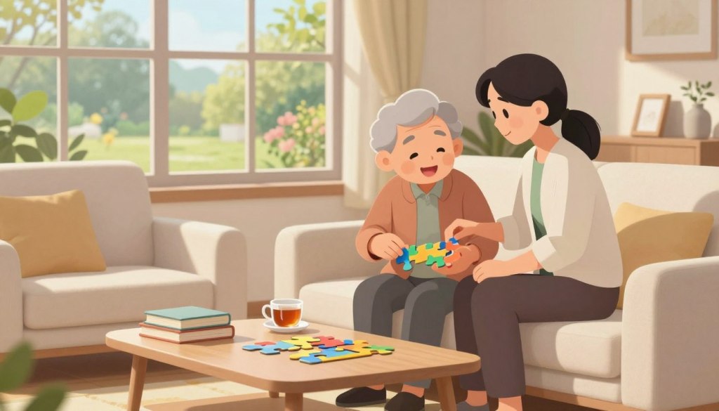 A serene indoor family space filled with natural light, featuring a cozy living room scene. In the foreground, a caregiver, dressed in smart casual attire, is seated on a comfortable sofa kindly engaging with an elderly parent who is happily solving a puzzle, showcasing warmth and connection. In the middle, a small coffee table holds a cup of tea and a stack of books, symbolizing care and mental engagement. In the background, a large window reveals a peaceful garden view, enhancing the atmosphere of safety and tranquility. The soft lighting casts gentle shadows, creating a welcoming environment that emphasizes support and effective communication between generations. The overall mood is nurturing, illustrating the theme of sustainable family dynamics and caregiver support. A serene indoor family space filled with natural light, featuring a cozy living room scene. In the foreground, a caregiver, dressed in smart casual attire, is seated on a comfortable sofa kindly engaging with an elderly parent who is happily solving a puzzle, showcasing warmth and connection. In the middle, a small coffee table holds a cup of tea and a stack of books, symbolizing care and mental engagement. In the background, a large window reveals a peaceful garden view, enhancing the atmosphere of safety and tranquility. The soft lighting casts gentle shadows, creating a welcoming environment that emphasizes support and effective communication between generations. The overall mood is nurturing, illustrating the theme of sustainable family dynamics and caregiver support.