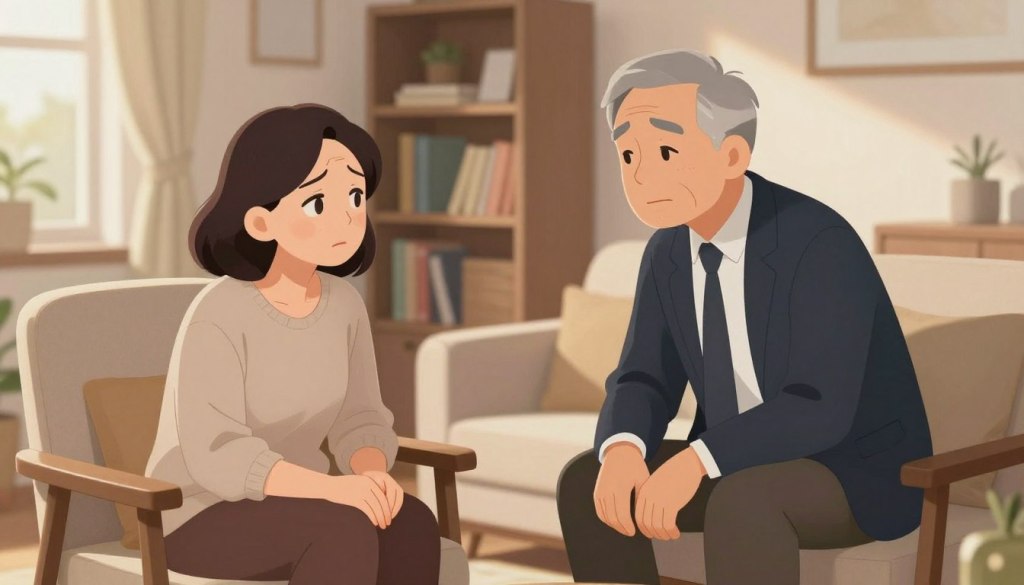 A serene indoor scene capturing the essence of anxiety symptoms in seniors during conversation. In the foreground, a middle-aged woman in modest casual clothing sits comfortably in an armchair, her expression contemplative, subtly indicating anxiety. She gently clasps her hands together. In the middle ground, a senior man, dressed in professional business attire, leans forward slightly, his body language open and attentive, creating a supportive atmosphere. Soft, warm lighting fills the room, casting gentle shadows and enhancing the conversational mood. In the background, a cozy living room setting with a bookshelf and soft-toned decor, creating a calm and inviting environment. The overall atmosphere should evoke empathy and understanding, focusing on the subtleties of communication and connection.