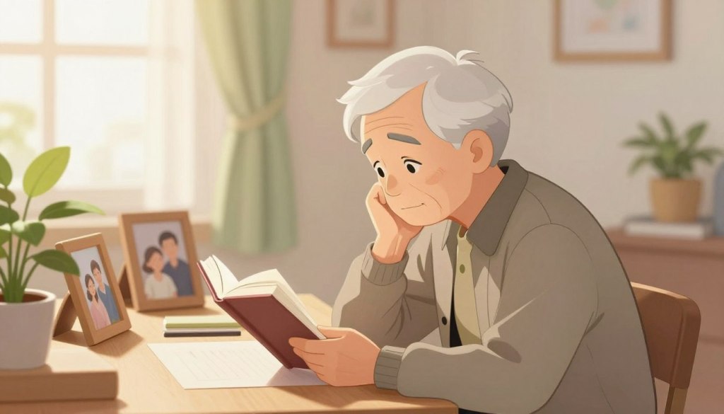 A serene indoor scene depicting an elderly individual seated at a well-organized desk, absorbed in reading a book. The foreground features a close-up of their contemplative expression, hinting at a sense of melancholy despite a calm demeanor. In the middle, the desk is adorned with personal items such as a photo frame of family and a potted plant, symbolizing connection and care. The background reveals a softly lit room with warm, inviting colors, conveying a cozy atmosphere, while sunlight filters through a sheer curtain, adding a gentle glow. The elderly person is dressed in modest casual clothing, subtly suggesting a contrasting internal struggle. The overall mood is reflective, aiming to illustrate the complexity of high-functioning depression.