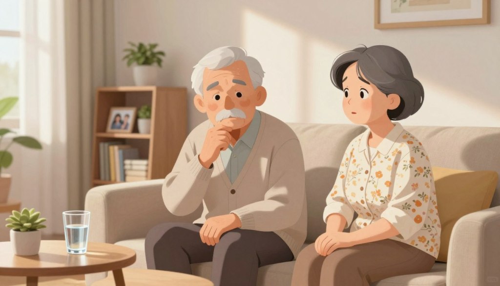 A serene indoor scene depicting an elderly man and woman sitting together in a softly lit living room. The man, dressed in a light cardigan and slacks, looks contemplatively at a glass of water on a side table, while the woman, in a floral blouse and comfortable pants, observes him with concern. Sunlight filters through sheer curtains, casting gentle shadows that create a calm atmosphere. In the background, a small bookshelf with family photos and plants adds warmth to the setting. The focus is on the expressions of the older adults, conveying the subtle theme of low thirst and changes in perception with age, set in an inviting and comfortable environment. The image should have a soft focus, capturing the tenderness of the moment.