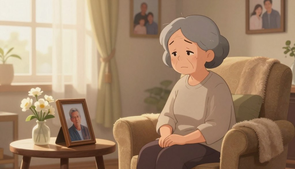 A serene indoor scene depicting an older adult woman in modest, casual clothing sitting on a comfortable armchair, softly gazing at a framed photograph of her late spouse. Her expression conveys a mix of sadness and fond remembrance. In the foreground, a delicate white flower arrangement sits on a small side table, symbolizing love and remembrance. The middle layer features a softly lit living room with warm earthy tones, creating an inviting yet reflective atmosphere. Gentle sunlight filters through sheer curtains, casting a warm glow, enhancing the emotional tone of the scene. The background contains faded family photographs on the walls, hinting at a life shared together, while a plush blanket drapes over the armchair, adding a sense of comfort and warmth.