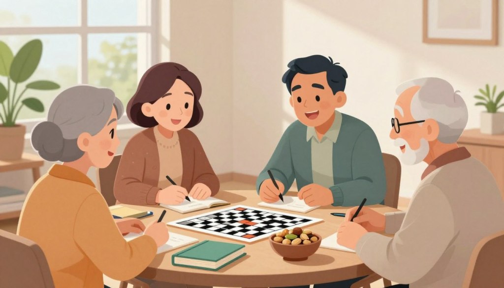 A serene indoor scene focused on brain health habits for seniors. In the foreground, a diverse group of three seniors (two women and one man) engaged in a memory game, smiling and concentrating, each wearing comfortable yet professional casual clothing. The middle ground shows a cozy table with books, a crossword puzzle, and a bowl of mixed nuts, symbolizing cognitive engagement and healthy snacks. In the background, soft natural light filters through a large window, illuminating a vibrant, well-kept indoor plant, contributing to a relaxed and inviting atmosphere. The composition should convey warmth, friendliness, and a sense of community, emphasizing a proactive approach to maintaining brain health as one ages. A serene indoor scene focused on brain health habits for seniors. In the foreground, a diverse group of three seniors (two women and one man) engaged in a memory game, smiling and concentrating, each wearing comfortable yet professional casual clothing. The middle ground shows a cozy table with books, a crossword puzzle, and a bowl of mixed nuts, symbolizing cognitive engagement and healthy snacks. In the background, soft natural light filters through a large window, illuminating a vibrant, well-kept indoor plant, contributing to a relaxed and inviting atmosphere. The composition should convey warmth, friendliness, and a sense of community, emphasizing a proactive approach to maintaining brain health as one ages.