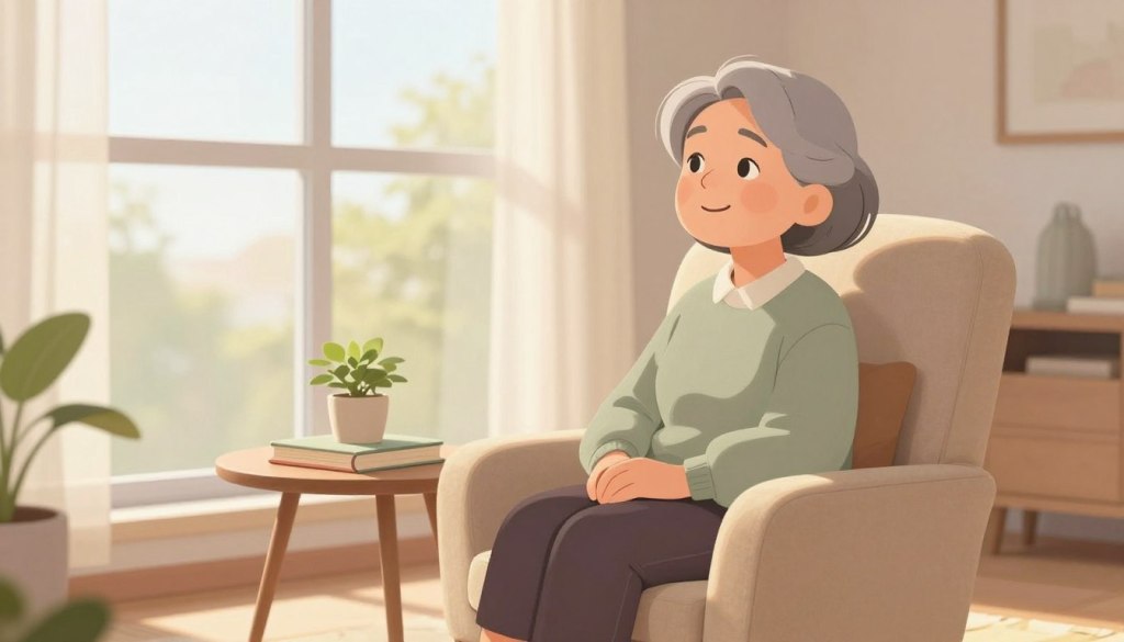 A serene indoor scene illustrating the concept of autonomy. In the foreground, an older adult woman is seated comfortably in a modern yet cozy armchair, wearing modest casual clothing. She gazes thoughtfully out of an expansive window, symbolizing her independence and control over her choices. In the middle ground, a small table beside her holds a plant and a book, representing personal interests and self-care. The background features soft sunlight filtering through sheer curtains, creating a warm and inviting atmosphere. The overall mood is peaceful and empowering, emphasizing the dignity and strength of autonomy without any clutter or distractions, captured from a slightly elevated angle to enhance depth. A serene indoor scene illustrating the concept of autonomy. In the foreground, an older adult woman is seated comfortably in a modern yet cozy armchair, wearing modest casual clothing. She gazes thoughtfully out of an expansive window, symbolizing her independence and control over her choices. In the middle ground, a small table beside her holds a plant and a book, representing personal interests and self-care. The background features soft sunlight filtering through sheer curtains, creating a warm and inviting atmosphere. The overall mood is peaceful and empowering, emphasizing the dignity and strength of autonomy without any clutter or distractions, captured from a slightly elevated angle to enhance depth.