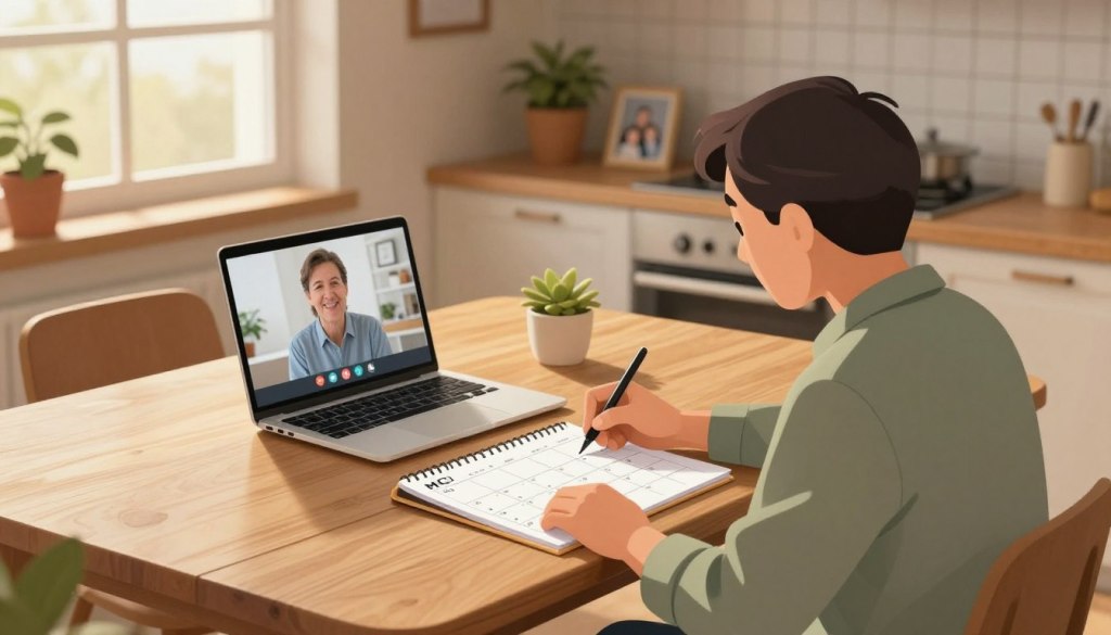 A serene indoor scene showcasing a middle-aged individual engaging in daily activities associated with mild cognitive impairment. In the foreground, the person, dressed in modest casual clothing, is seated at a wooden kitchen table, intently organizing a calendar and writing reminders with a pen. A warm, diffused light filters through a nearby window, creating a soft glow that enhances the cozy atmosphere. In the middle ground, an open laptop displays a video call with a family member, emphasizing connection and support. The background features a tidy kitchen, with potted plants and family photos adorning the shelves, reflecting a sense of normalcy and warmth. Capture this moment from a slightly elevated angle, creating an inviting and hopeful ambiance, highlighting independence amidst the daily challenges of MCI.