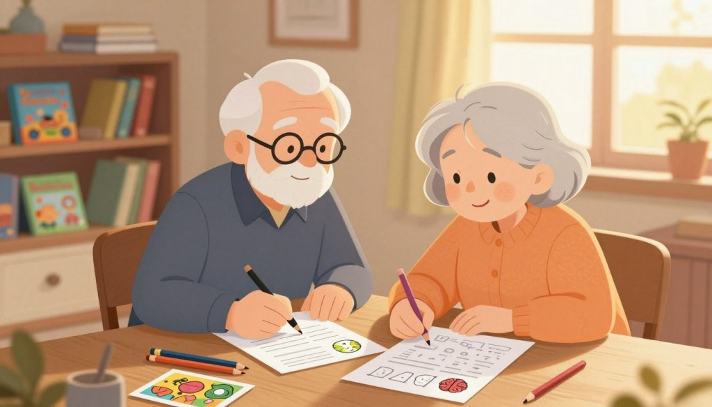 A serene indoor setting focusing on an elderly man and woman engaged in cognitive activities. In the foreground, the couple sits at a wooden table, worksheets and colored pencils scattered around them, highlighting brain teasers and puzzles. The middle ground features a cozy living room with shelves filled with books and educational games, symbolizing mental stimulation. In the background, a warm window allows soft, golden sunlight to filter in, creating a peaceful atmosphere. Use a slightly elevated angle to capture their expressions of concentration and joy. The overall mood should be friendly and encouraging, emphasizing the importance of cognitive health while aging.