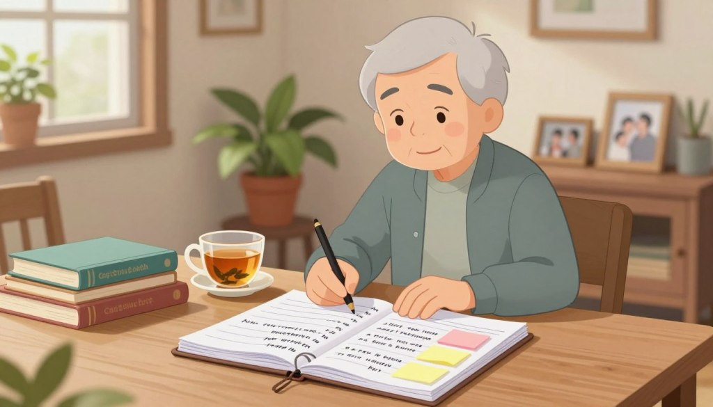 A serene indoor setting showing an older adult, dressed in modest casual clothing, engaged in memory tracking activities at a wooden table. In the foreground, a notebook filled with handwritten notes and colorful sticky notes is prominently displayed, symbolizing thoughtful reflection. In the middle ground, the older adult is focused, with a gentle expression, surrounded by a few books on cognitive health and a cup of herbal tea, adding warmth to the scene. In the background, a softly lit, cozy room with potted plants and framed family photographs enhances a sense of nostalgia and comfort. The overall mood is calm and supportive, reflecting an atmosphere conducive to cognitive wellness and memory improvement. Natural light filters through a window, creating a peaceful ambiance.