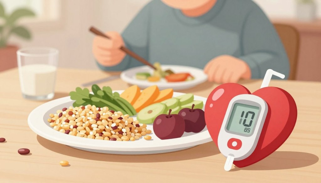 A serene, informative illustration focusing on the relationship between blood sugar, heart health, and fiber. In the foreground, place a heart symbol intertwined with a stylized glucose meter displaying a balanced reading, suggesting healthy blood sugar levels. In the middle ground, showcase a plate of fibrous foods like whole grains, beans, and fruits, arranged attractively to emphasize their benefits. In the background, a soft, blurred image of an elderly person enjoying a meal, dressed in modest casual clothing, adds a relatable element. The lighting should be warm and inviting, evoking a sense of comfort. Aim for a clean, minimalistic style that communicates the importance of fiber in promoting heart and metabolic health, capturing a friendly, educational atmosphere.