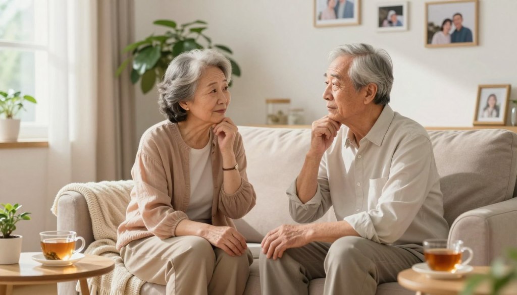 A serene, inviting scene of an older adult couple seated comfortably in a sunlit living room, engaging in thoughtful conversation about their feelings and daily mood. The foreground features a cozy armchair with a soft throw blanket draped over it, while a warm cup of herbal tea rests on a nearby side table. In the middle, the couple, dressed in casual yet tidy attire, displays expressions of attentiveness and empathy, fostering a sense of connection. The background showcases a well-kept indoor plant and photographs on the wall, symbolizing cherished memories. The lighting is soft and natural, creating a warm, peaceful atmosphere that emphasizes the importance of emotional well-being and communication in senior health.
