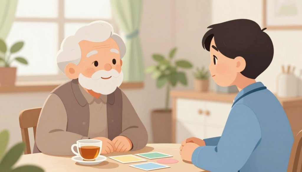 A serene, inviting setting featuring an elderly person and a caregiver engaged in a calm conversation over a small table. The elderly person, dressed in modest, comfortable clothing, is smiling gently, looking attentively at the caregiver, who is also in professional casual attire. The foreground includes a warm cup of tea and a few simple conversation cards with soft pastel colors. The middle ground is filled with softly lit plants and cozy decorations, creating a peaceful atmosphere. In the background, a softly diffused window allows natural light to flood in, enhancing the tranquil mood of the space. The focus is clear, and the overall scene conveys warmth, simplicity, and friendliness, ideal for initiating gentle conversations.