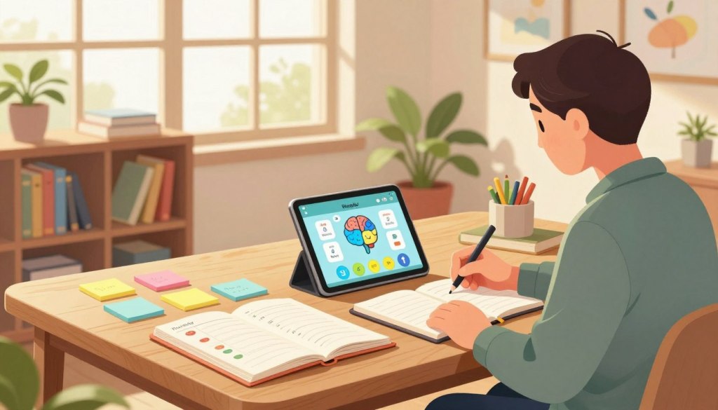 A serene, inviting workspace designed for cognitive activities, featuring a wooden table adorned with colorful sticky notes, a planner opened to a weekly layout, and a neatly organized bookshelf filled with books on memory and cognitive health. In the foreground, a middle-aged person, dressed in smart casual attire, is writing notes and engaging with a brain training game on a tablet. The background showcases a sunlit room, with large windows letting in warm light, plants for a touch of nature, and calming artwork on the walls to inspire focus. The atmosphere is tranquil and motivating, emphasizing the importance of weekly memory habits in a peaceful yet productive environment. The image should convey warmth and encouragement, inviting viewers to explore cognitive health strategies.
