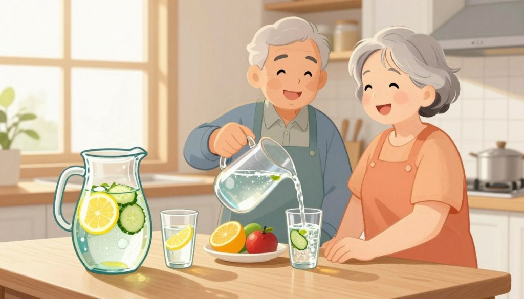 A serene kitchen scene featuring a senior couple preparing refreshing drinks. In the foreground, a glass pitcher filled with refreshing water infused with slices of lemon and cucumber, alongside two elegant glasses. The couple, dressed in comfortable, modest clothing, is smiling and pouring the water, emphasizing a joyful, healthy lifestyle. In the middle, a small table set with colorful fruit and a water bottle, reflecting daily hydration habits. The background includes bright windows with sunlight streaming in, creating a warm and inviting atmosphere. The overall mood should be friendly and cheerful, with soft, natural lighting to evoke a sense of calm and well-being, encouraging viewers to embrace hydration in their daily routines.