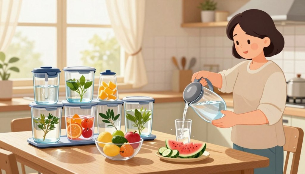 A serene kitchen scene featuring a well-organized hydration station with various clear containers filled with water, fruits, and herbs. In the foreground, a modestly dressed person, a middle-aged woman in casual attire, is pouring water from a stylish glass pitcher into a tumbler, demonstrating the act of staying hydrated. In the middle ground, a neatly arranged dining table showcases a colorful fruit bowl and moisture-rich snacks like cucumbers and watermelons, emphasizing hydration. The background reveals sunlit kitchen windows draped with sheer curtains, casting a warm, inviting glow throughout the space. The overall mood is calm and nurturing, highlighting the importance of daily hydration in a home setting, with a lens focus that enhances the vivid colors and textures. A serene kitchen scene featuring a well-organized hydration station with various clear containers filled with water, fruits, and herbs. In the foreground, a modestly dressed person, a middle-aged woman in casual attire, is pouring water from a stylish glass pitcher into a tumbler, demonstrating the act of staying hydrated. In the middle ground, a neatly arranged dining table showcases a colorful fruit bowl and moisture-rich snacks like cucumbers and watermelons, emphasizing hydration. The background reveals sunlit kitchen windows draped with sheer curtains, casting a warm, inviting glow throughout the space. The overall mood is calm and nurturing, highlighting the importance of daily hydration in a home setting, with a lens focus that enhances the vivid colors and textures.
