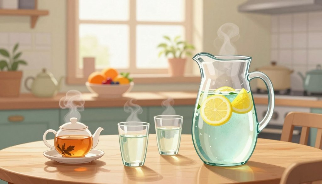 A serene kitchen scene illustrating hydration throughout the day for seniors. In the foreground, a polished wooden table showcases a selection of hydration options: a large glass pitcher filled with refreshing lemon-infused water, a couple of filled glasses, and a cozy tea set with herbal tea steaming. The middle ground features a gentle morning light streaming through a window, highlighting a bowl of fresh fruits, such as oranges and berries, symbolizing nutritious snacks. Background elements include soft, pastel-colored walls and a potted plant, creating a calm and inviting atmosphere. The overall mood is supportive and nurturing, emphasizing the importance of staying hydrated for seniors, particularly those facing challenges with eating and drinking. The image should be warm, well-lit, and without any people present to maintain focus on the hydration theme.