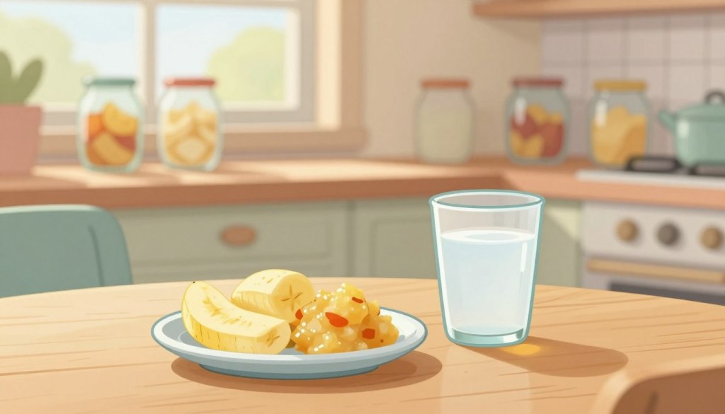A serene kitchen setting filled with softer textured foods suitable for seniors with swallowing problems. In the foreground, a small plate showcases pureed fruits like banana and applesauce, alongside a glass of thickened water, all arranged neatly on a simple wooden table. The middle section features a gentle light streaming in through a window, casting a warm glow on the scene. In the background, soft kitchen shelves hold jars of soft, prepared meals, emphasizing safety and nourishment. The atmosphere is calm and inviting, promoting a sense of comfort and care, with pastel colors enhancing the friendly environment. Carefully composed with a shallow depth of field to focus on the food, creating an image that is both informative and soothing. A serene kitchen setting filled with softer textured foods suitable for seniors with swallowing problems. In the foreground, a small plate showcases pureed fruits like banana and applesauce, alongside a glass of thickened water, all arranged neatly on a simple wooden table. The middle section features a gentle light streaming in through a window, casting a warm glow on the scene. In the background, soft kitchen shelves hold jars of soft, prepared meals, emphasizing safety and nourishment. The atmosphere is calm and inviting, promoting a sense of comfort and care, with pastel colors enhancing the friendly environment. Carefully composed with a shallow depth of field to focus on the food, creating an image that is both informative and soothing.