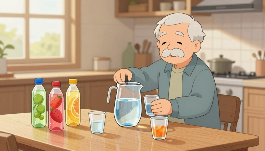 A serene kitchen setting focused on a hydration routine for seniors. In the foreground, a welcoming wooden table displays a variety of hydration options: a clear glass pitcher filled with fresh water, a few colorful fruit-infused water bottles, and a couple of easy-to-reach, stylish drinking cups. In the middle, an elderly gentleman dressed in modest casual clothing, looking content, is filling a cup from the pitcher, demonstrating the hydration process. In the background, soft natural light filters through a window, casting gentle shadows, enhancing a warm and inviting atmosphere. The overall mood is calm and supportive, reflecting a simple daily hydration plan tailored for seniors living alone. A serene kitchen setting focused on a hydration routine for seniors. In the foreground, a welcoming wooden table displays a variety of hydration options: a clear glass pitcher filled with fresh water, a few colorful fruit-infused water bottles, and a couple of easy-to-reach, stylish drinking cups. In the middle, an elderly gentleman dressed in modest casual clothing, looking content, is filling a cup from the pitcher, demonstrating the hydration process. In the background, soft natural light filters through a window, casting gentle shadows, enhancing a warm and inviting atmosphere. The overall mood is calm and supportive, reflecting a simple daily hydration plan tailored for seniors living alone.