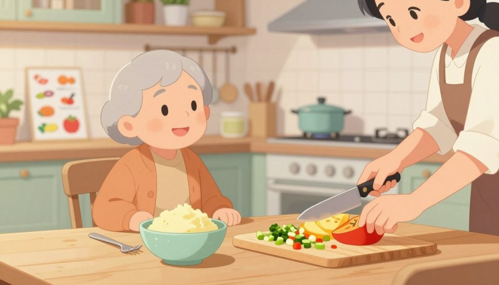 A serene kitchen setting focused on meal safety tips for seniors. In the foreground, a wooden dining table is neatly set with soft, contrasting colors. A bowl of soft-textured foods like mashed potatoes and finely chopped vegetables, arranged attractively. A close-up of a caregiver's hands demonstrating safe cutting techniques with a soft knife on ripe fruits. In the middle ground, a gently smiling senior couple sits at the table, dressed in modest casual clothing, attentively watching. The background features well-organized kitchen shelves with safety guide brochures on food preparation. Soft, warm lighting enhances a calm and inviting atmosphere, using a shallow depth of field to maintain focus on the meal and the engaged interaction at the table. A serene kitchen setting focused on meal safety tips for seniors. In the foreground, a wooden dining table is neatly set with soft, contrasting colors. A bowl of soft-textured foods like mashed potatoes and finely chopped vegetables, arranged attractively. A close-up of a caregiver's hands demonstrating safe cutting techniques with a soft knife on ripe fruits. In the middle ground, a gently smiling senior couple sits at the table, dressed in modest casual clothing, attentively watching. The background features well-organized kitchen shelves with safety guide brochures on food preparation. Soft, warm lighting enhances a calm and inviting atmosphere, using a shallow depth of field to maintain focus on the meal and the engaged interaction at the table.