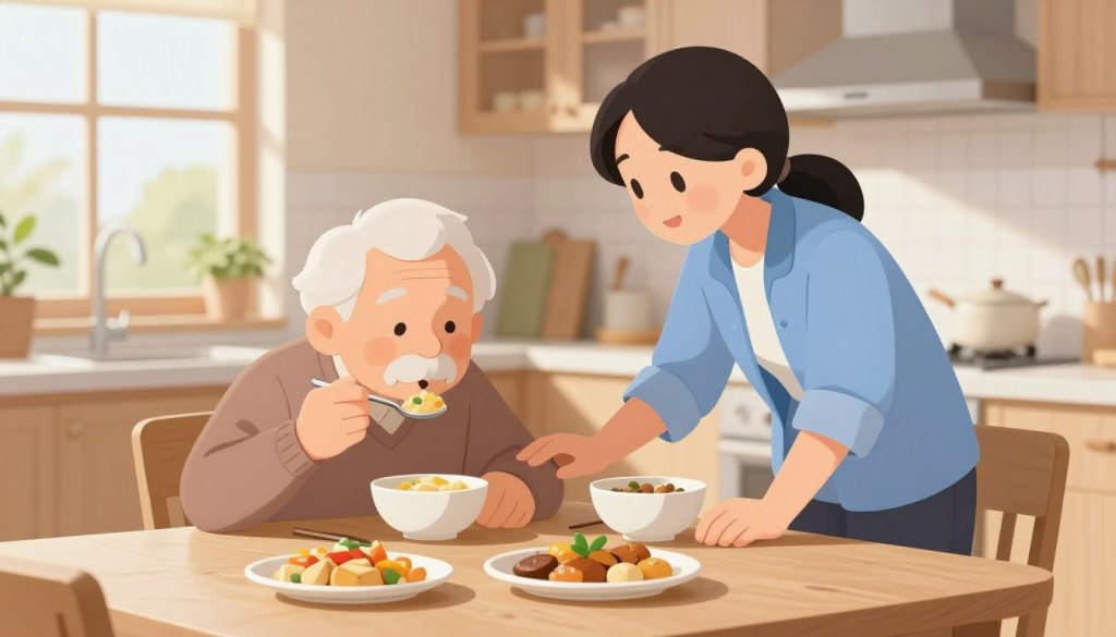 A serene kitchen setting, softly illuminated by natural light streaming through a window. In the foreground, a compassionate caregiver, dressed in smart casual attire, gently assists an elderly senior at the dining table. The senior, wearing a comfortable sweater, is seen leaning slightly forward with a focused expression, using a spoon to take a small bite of pureed food. In the middle ground, various dishes with different textures are arranged, emphasizing food that is easier to swallow. The background features a cozy and inviting kitchen with light wood cabinets and potted plants, creating a warm and supportive atmosphere. The image conveys a sense of care, attention, and the importance of safe eating practices.