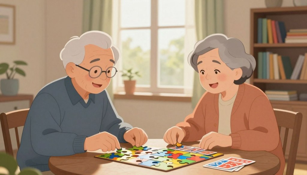 A serene living room scene featuring an older adult couple engaged in brain games together, such as a jigsaw puzzle and a card game, sitting at a cozy table. The foreground shows their hands elegantly interacting with the game pieces, emphasizing concentration and joy. In the middle, warm natural light filters through a large window, casting soft shadows and highlighting their focused expressions. The couple is dressed in modest, casual clothing, conveying comfort and familiarity. In the background, a bookshelf filled with colorful books and a few plants adds a touch of tranquility, suggesting an environment conducive to mental stimulation. The overall atmosphere is inviting, reflecting the brain health benefits of social interaction and cognitive engagement.