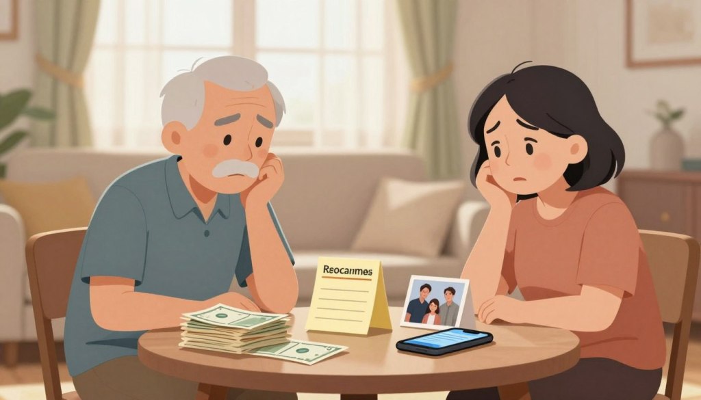 A serene living room setting, softly illuminated by warm, natural light filtering through sheer curtains. In the foreground, a senior man and woman, dressed in modest casual clothing, sit at a small table, their expressions showing concern and fear. In the middle, a collection of anxiety triggers is artfully arranged on the table: a cluttered stack of bills, a medical appointment reminder, a smartphone displaying news alerts, and a family photo depicting emotional distance. The background hints at an untouched, tidy environment, creating contrast with the anxiety-inducing items. The atmosphere is gentle yet poignant, evoking a sense of empathy and understanding toward seniors facing anxiety today. The image focuses on the human experience, aiming for a comforting and friendly visual tone.