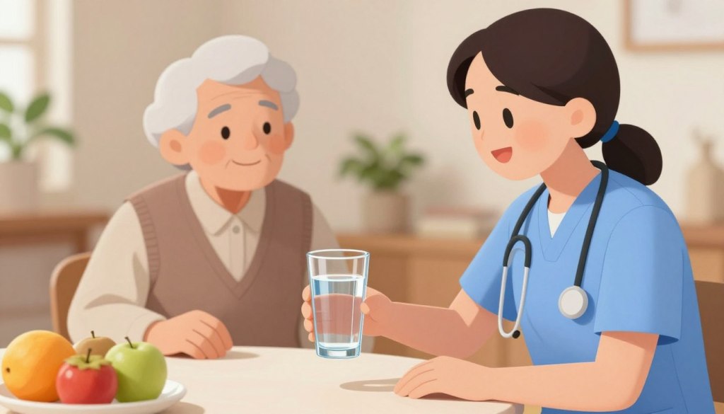 A serene long-term care setting featuring a compassionate caregiver gently assisting an elderly person with dementia at a dining table. The caregiver, dressed in professional attire, is offering a glass of water with a bright, friendly smile, showcasing hydration strategies. In the foreground, close-up of the glass filled with clear water, with a few colorful fruits nearby for visual appeal. The middle ground includes a soft-focus view of the elderly individual, who appears engaged and calm, encouraging communication. The background displays a warm, inviting room with soft lighting, plants, and comfortable seating, promoting a nurturing atmosphere. The overall mood is supportive and caring, emphasizing the importance of hydration in dementia care.