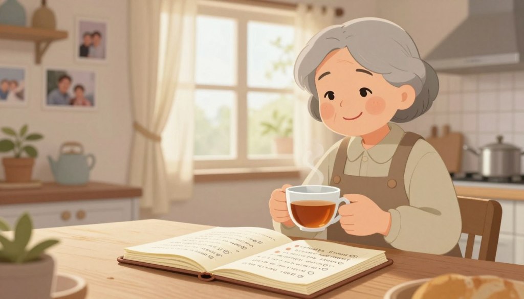 A serene morning scene featuring a cozy kitchen where an elderly woman, dressed in modest casual clothing, is smiling as she prepares a warm cup of tea. In the foreground, a well-worn notebook is open, filled with handwritten notes and check-in questions, highlighting the idea of connection and care. The middle ground showcases a sunlit window with soft, sheer curtains, allowing gentle natural light to illuminate the space, creating a warm and inviting atmosphere. In the background, family photos adorn the walls, symbolizing cherished memories and the importance of family ties. The mood is peaceful and nurturing, evoking feelings of warmth and love during morning check-ins. Use soft, natural lighting and a slight focus on the foreground elements to enhance the intimate setting.