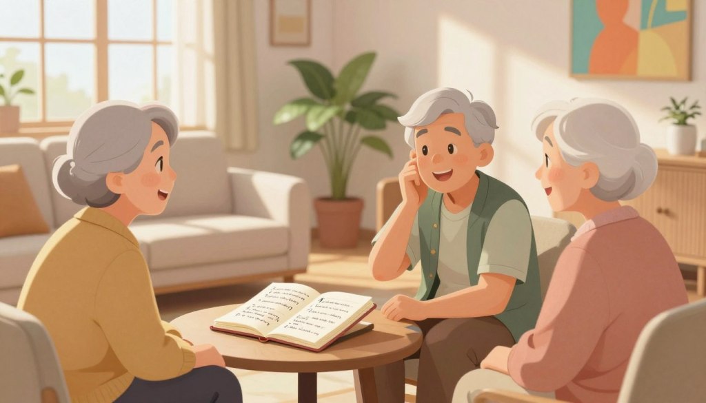 A serene morning scene featuring a group of seniors comfortably seated in a bright, cozy living room. In the foreground, an elderly couple, dressed in modest casual clothing, is engaged in a warm discussion, smiling and sharing their feelings. On a small coffee table between them, an open notebook displays beautifully handwritten questions and conversation starters, suggesting a check-in session. In the middle ground, a soft armchair and a potted plant provide a homely touch, while sunlight streams through a nearby window, casting gentle shadows. The background reveals warm tones, with light wood accents and a touch of vibrant artwork on the walls, creating an inviting atmosphere. The mood is friendly, supportive, and encouraging, embodying a sense of connection and openness among seniors.