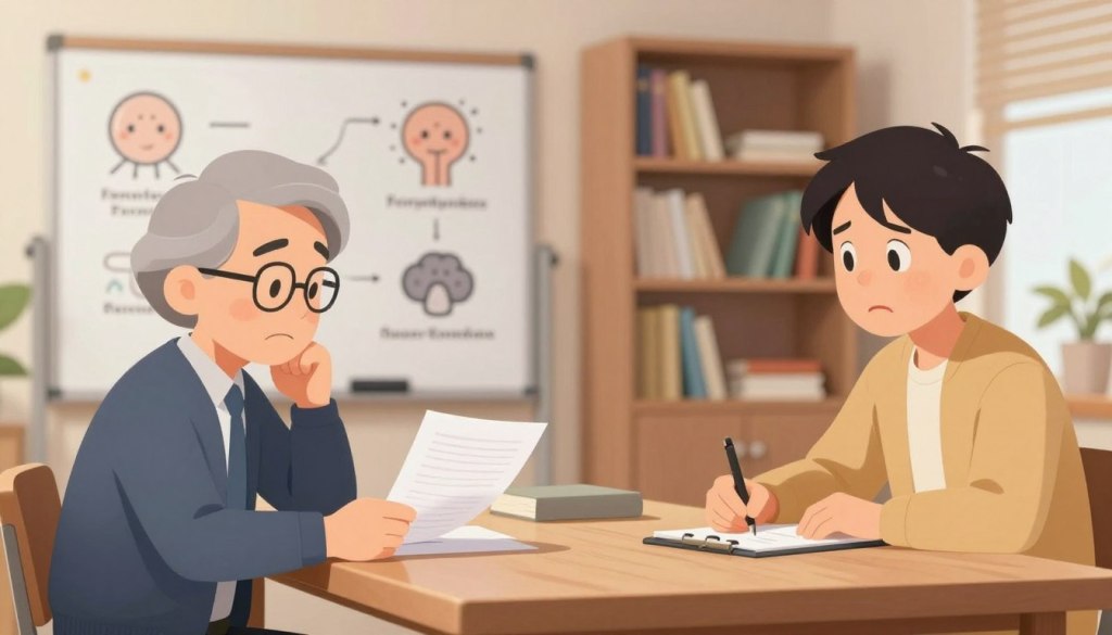 A serene office environment with a wooden table in the foreground, where an older adult in professional attire looks thoughtfully at a stack of papers. A younger adult sits across the table, displaying a concerned expression, taking notes on a notepad. In the middle ground, a whiteboard with simple illustrations of memory-related symptoms like forgetfulness and confusion is visible. The background features a softly lit bookshelf filled with books on memory and cognition, promoting a sense of learning. The lighting is warm and inviting, creating an atmosphere of understanding and support. Use a soft focus lens to capture a friendly, compassionate mood that reflects the importance of discussing memory symptoms in a family context.