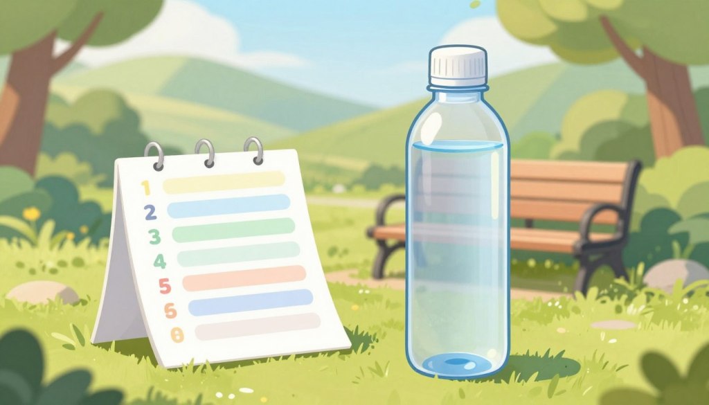 A serene outdoor setting depicting a clear, filled water bottle alongside a simple hydration tracking chart. In the foreground, the water bottle glistens in bright natural light, showcasing its freshness. The hydration chart features numbered water intake goals, designed with soft pastel colors for an inviting feel. In the middle ground, gentle greenery surrounds the scene, with a scenic park bench to subtly suggest relaxation and mindfulness around hydration. The background has a warm, sunlit landscape radiating tranquility, filled with trees and distant hills. The atmosphere is bright and uplifting, encouraging a sense of well-being and the importance of staying hydrated throughout the day. The composition emphasizes clarity and simplicity.