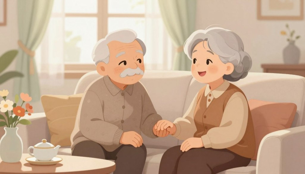 A serene scene depicting a cozy living room with two elderly individuals engaging in a warm conversation, sitting on a comfortable sofa. In the foreground, the two seniors, a man and a woman, are smiling and holding hands, showcasing a deep bond of friendship. The middle ground features a small table with a tea set and a vase of fresh flowers, enhancing the atmosphere of support and companionship. In the background, soft natural light filters through a window adorned with sheer curtains, creating a calm and inviting ambiance. The color palette is warm and gentle, with earthy tones that evoke feelings of comfort and connection, underscoring the theme of easing loneliness. The image should be composed with a soft focus to enhance the warmth and intimacy of the moment.
