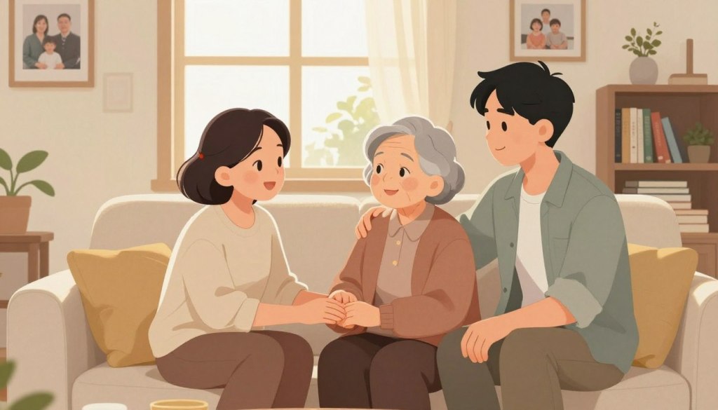 A serene scene depicting a warm, inviting living room where a family is engaged in supportive activities together. In the foreground, a middle-aged woman in modest casual clothing is sitting on a cozy sofa, gently holding the hand of her elderly parent, who has a compassionate expression. Nearby, a young adult, also in casual attire, is seated with a supportive posture, looking on attentively. In the middle ground, a soft, brightly lit window casts natural light across the room, highlighting family photos on the walls that convey a sense of history and belonging. The background features a small bookshelf filled with books, symbolizing knowledge and understanding. The overall atmosphere is warm and comforting, promoting a sense of care, connection, and support.
