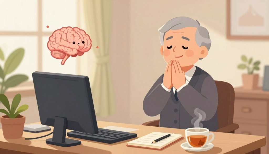 A serene scene depicting brain health in the context of stress reduction and memory support. In the foreground, a thoughtfully designed workspace with a calming, organized desk featuring plants, a notebook, and a steaming cup of herbal tea, symbolizing relaxation. In the middle ground, an older adult in professional attire is engaged in mindfulness practices, such as meditation or deep breathing, showing a peaceful expression. The background presents a softly lit room with natural light filtering through sheer curtains, enhancing the tranquil atmosphere. The color palette is warm and inviting, with earthy tones to evoke feelings of calm and stability. The overall mood is soothing and supportive, promoting the idea of nurturing brain health through stress reduction techniques. A serene scene depicting brain health in the context of stress reduction and memory support. In the foreground, a thoughtfully designed workspace with a calming, organized desk featuring plants, a notebook, and a steaming cup of herbal tea, symbolizing relaxation. In the middle ground, an older adult in professional attire is engaged in mindfulness practices, such as meditation or deep breathing, showing a peaceful expression. The background presents a softly lit room with natural light filtering through sheer curtains, enhancing the tranquil atmosphere. The color palette is warm and inviting, with earthy tones to evoke feelings of calm and stability. The overall mood is soothing and supportive, promoting the idea of nurturing brain health through stress reduction techniques.