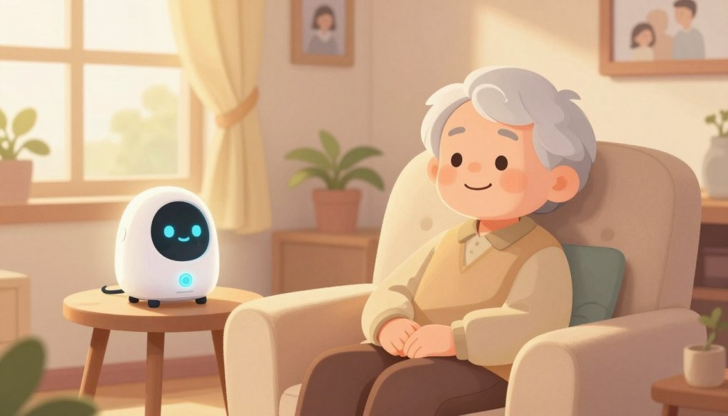 A serene setting depicting an elderly person sitting comfortably in a cozy, inviting living room, surrounded by a soothing palette of pastel colors. In the foreground, a soft armchair cradles the individual, who is dressed in modest, casual clothing. Their gentle expression conveys a sense of peace and relaxation. A warm, golden light filters through a window, softly illuminating the space and creating an atmosphere of emotional comfort. In the middle ground, a friendly AI companion device on a small table emits a soft glow, symbolizing companionship. The background features warm decorations, such as framed family photos and plants, enhancing the feeling of home and support. The overall mood is calm and reassuring, evoking a sense of emotional connection and comfort.