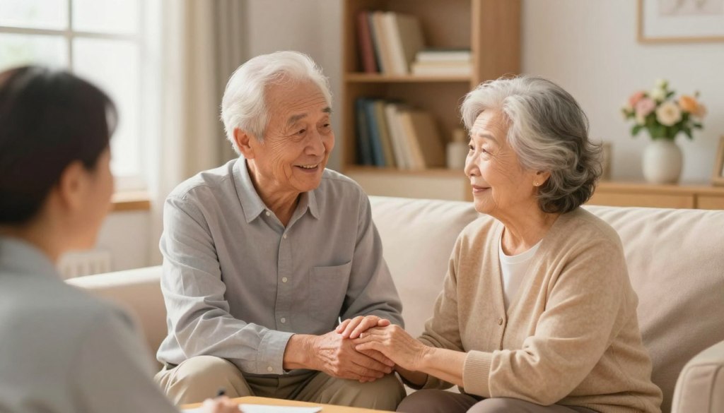 A serene setting depicting an older adult man and woman sitting together in a cozy living room, engaged in conversation. The foreground features their hands clasped together, illustrating connection and support. In the middle, the couple is shown with gentle smiles, while the soft light from a nearby window highlights their expressions, creating an atmosphere of warmth and intimacy. The background includes a bookshelf with well-worn books and a floral arrangement, adding to the tranquil ambiance. The color palette is soft and inviting, with warm tones. The lighting is natural, evoking a sense of peace and comfort, emphasizing the importance of companionship in the context of vision impairment and aging.