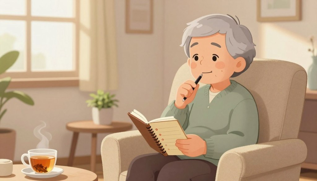 A serene setting featuring an older adult in a cozy, well-lit living room, seated comfortably in an armchair with a notebook and pen, reflecting on daily mood check-in questions. In the foreground, focus on the thoughtful expression of the individual, dressed in modest casual clothing. The middle ground includes a small table with a steaming cup of herbal tea and a potted plant, symbolizing wellness and routine. In the background, soft sunlight streams through a window, illuminating warm, neutral-toned walls, creating a calming and inviting atmosphere. The overall mood is introspective and peaceful, emphasizing self-care and mindfulness in daily life.