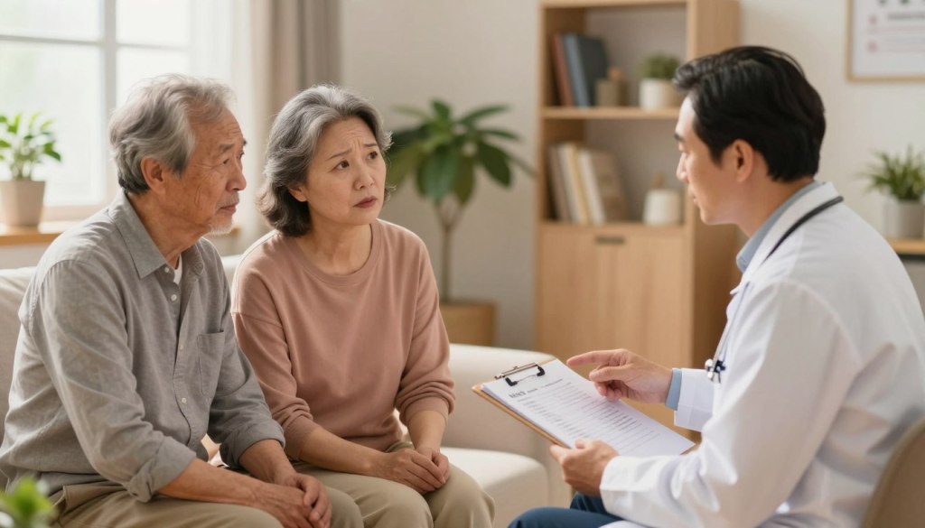 A serene, softly lit room depicting an older adult couple seated across from a healthcare professional in a warm, inviting office. The foreground features the couple, expressing concern and attentiveness, dressed in modest casual clothing. The middle ground shows the healthcare professional with a gentle demeanor, pointing towards a notepad filled with clear notes, symbolizing communication about memory changes. The background is softly blurred, featuring calming decor like potted plants and bookshelves, enhancing the atmosphere of understanding and support. The lighting is warm and diffused, creating a comforting mood, while the angle captures the intimacy of the discussion without being intrusive. The overall image conveys a sense of reassurance and professionalism, emphasizing the importance of open conversations about memory health. A serene, softly lit room depicting an older adult couple seated across from a healthcare professional in a warm, inviting office. The foreground features the couple, expressing concern and attentiveness, dressed in modest casual clothing. The middle ground shows the healthcare professional with a gentle demeanor, pointing towards a notepad filled with clear notes, symbolizing communication about memory changes. The background is softly blurred, featuring calming decor like potted plants and bookshelves, enhancing the atmosphere of understanding and support. The lighting is warm and diffused, creating a comforting mood, while the angle captures the intimacy of the discussion without being intrusive. The overall image conveys a sense of reassurance and professionalism, emphasizing the importance of open conversations about memory health.