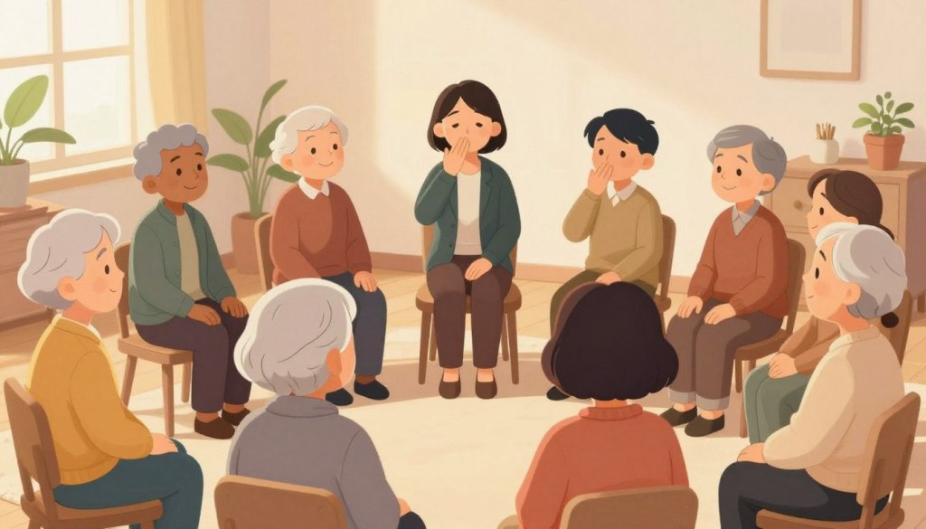 A serene, softly lit room focused on a diverse group of seniors comfortably seated in a circle, engaged in a calming breathing exercise. The foreground captures their gentle, relaxed expressions, with a warm light illuminating their faces. In the middle, a facilitator, dressed in modest business attire, guides the session, demonstrating the breathing technique. The background features soft, subtle decor with plants and calming colors, enhancing the peaceful atmosphere. Use natural lighting to create a tranquil scene, evoking feelings of safety and comfort. The overall mood should be soothing and inviting, perfect for illustrating in-the-moment calming tools for seniors experiencing anxiety.