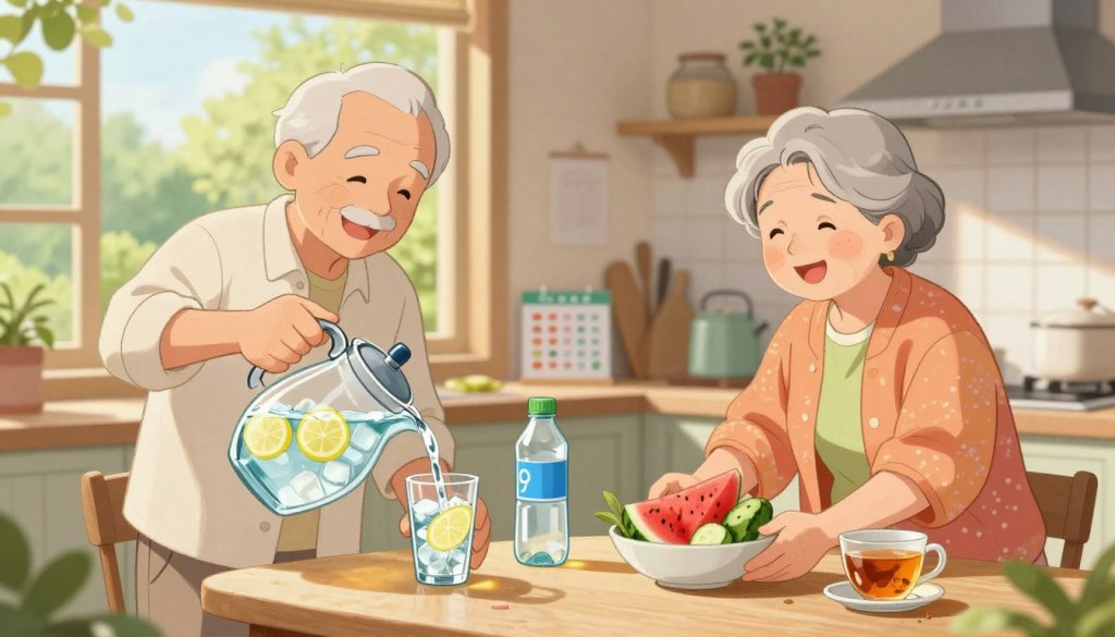 A serene summer scene depicting a gentle, sunlit kitchen where a senior couple is engaged in their hydration routine. In the foreground, an elderly man, dressed in light, modest casual clothing, is pouring water from a large, clear pitcher into a glass filled with ice and lemon slices. Beside him, an elderly woman in a colorful, comfortable outfit is preparing a bowl of fresh fruit, showcasing hydrating options like watermelon and cucumber. The middle of the composition features a table adorned with various hydration tools like a hydration chart, water bottles, and herbal tea. Soft, warm lighting creates an inviting atmosphere, with sunlight streaming in through a window, casting light shadows. The background reveals a lush garden, emphasizing a connection with nature and wellbeing. The mood is friendly and uplifting, promoting a simple, practical approach to daily hydration for seniors.