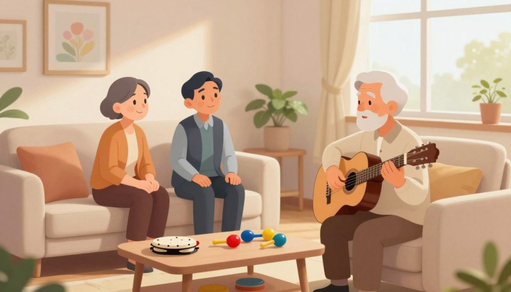 A serene therapy room designed for music therapy, featuring a comfortable seating area with a cozy couch and armchair in soft, neutral tones. In the foreground, a senior person dressed in modest casual clothing plays a guitar, while multiple colorful musical instruments like tambourines and maracas are scattered on a coffee table. In the middle ground, a certified therapist, also in professional attire, attentively engages with another senior, smiling and nodding. The background includes calming wall art and a large window with soft, natural light filtering in, creating a warm and inviting atmosphere. The overall mood is peaceful and supportive, emphasizing connection and the positive effects of music on memory and wellbeing. A serene therapy room designed for music therapy, featuring a comfortable seating area with a cozy couch and armchair in soft, neutral tones. In the foreground, a senior person dressed in modest casual clothing plays a guitar, while multiple colorful musical instruments like tambourines and maracas are scattered on a coffee table. In the middle ground, a certified therapist, also in professional attire, attentively engages with another senior, smiling and nodding. The background includes calming wall art and a large window with soft, natural light filtering in, creating a warm and inviting atmosphere. The overall mood is peaceful and supportive, emphasizing connection and the positive effects of music on memory and wellbeing.