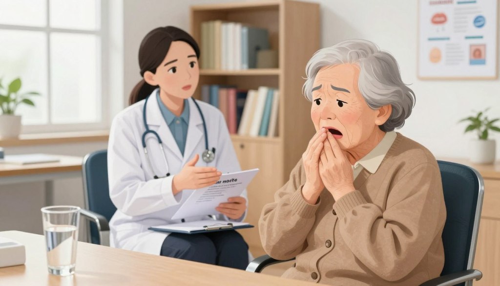 A serene, well-lit doctor's office with a focus on an elderly person sitting in a consultation chair, looking concerned with a dry mouth condition. The foreground features a glass of water on the table, symbolizing hydration. In the middle ground, a healthcare professional, dressed in professional attire, gestures empathetically while holding a notepad with notes on dry mouth causes. The background includes a shelf with medical books and informational posters relevant to elderly health issues. Soft natural light streams through a nearby window, creating a calm and supportive atmosphere that emphasizes care and understanding. The image aims to visually summarize the common triggers of dry mouth in seniors without any text or distractions.