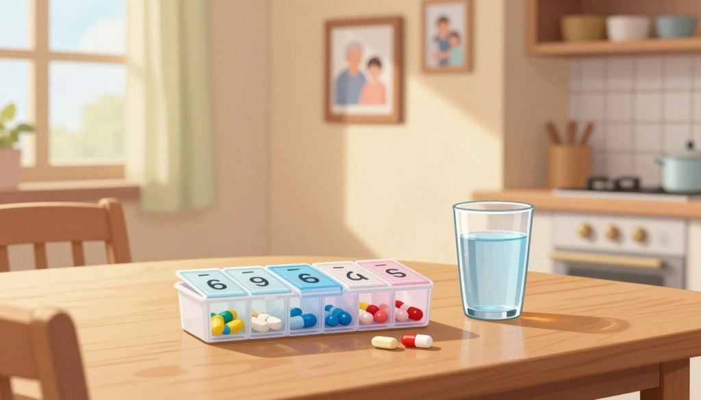 A serene, well-lit kitchen setting in a cozy home, featuring a neatly arranged medication station on a wooden table. In the foreground, a pill organizer with labeled compartments, neatly filled with colorful capsules and tablets. Beside it, a glass of water highlights the importance of hydration. In the middle ground, a warm-toned wall displays framed pictures of family. In the background, soft sunlight filters through a window adorned with simple curtains, casting gentle shadows. The atmosphere is calm and inviting, reflecting a sense of safety and care. The overall mood is supportive and reassuring, aiming to promote medication safety for seniors. A serene, well-lit kitchen setting in a cozy home, featuring a neatly arranged medication station on a wooden table. In the foreground, a pill organizer with labeled compartments, neatly filled with colorful capsules and tablets. Beside it, a glass of water highlights the importance of hydration. In the middle ground, a warm-toned wall displays framed pictures of family. In the background, soft sunlight filters through a window adorned with simple curtains, casting gentle shadows. The atmosphere is calm and inviting, reflecting a sense of safety and care. The overall mood is supportive and reassuring, aiming to promote medication safety for seniors.