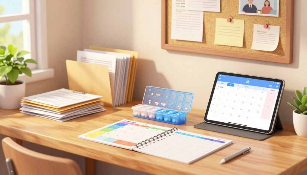 A serene, well-organized workspace that showcases medication organization, important documents, and appointment details. In the foreground, a neatly arranged wooden desk holds a colorful weekly planner, labeled pill organizer, and a tablet with a calendar app open, displaying reminders. In the middle ground, there are stacks of clearly labeled folders containing medical documents, alongside a potted plant for a touch of warmth. The background features a softly lit wall with a bulletin board covered in pinned notes and pictures to create a personalized touch. The lighting is soft and natural, coming from a window on the left, casting a warm glow across the scene. The atmosphere should convey calmness and readiness, encouraging a sense of preparedness for caregivers.