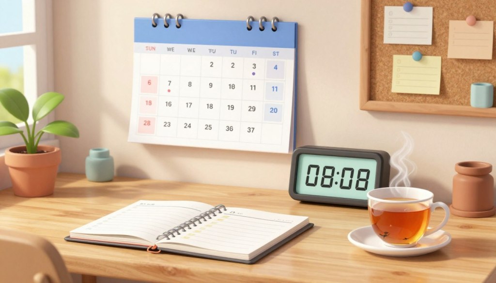 A serene workspace featuring a wooden desk with a digital clock displaying various meal times, symbolizing time tracking for caregivers. In the foreground, a neatly arranged meal planner notebook and a steaming cup of herbal tea, inviting a sense of calm and organization. In the middle ground, a wall with a large calendar showing reminders for meal check-ins, emphasizing routine and timing. Soft, natural lighting filters through a nearby window, casting gentle shadows. The background includes a potted plant and a corkboard with pinned notes, creating a warm, inviting atmosphere. The overall mood is friendly, professional, and supportive, suitable for caregivers. The scene should have a clear focus without any distractions or clutter. A serene workspace featuring a wooden desk with a digital clock displaying various meal times, symbolizing time tracking for caregivers. In the foreground, a neatly arranged meal planner notebook and a steaming cup of herbal tea, inviting a sense of calm and organization. In the middle ground, a wall with a large calendar showing reminders for meal check-ins, emphasizing routine and timing. Soft, natural lighting filters through a nearby window, casting gentle shadows. The background includes a potted plant and a corkboard with pinned notes, creating a warm, inviting atmosphere. The overall mood is friendly, professional, and supportive, suitable for caregivers. The scene should have a clear focus without any distractions or clutter.